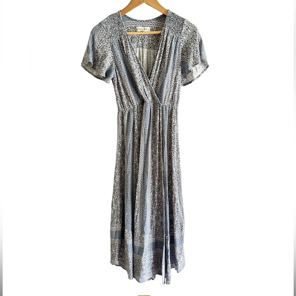 Knox Rose Blue Boho Open Front Slit Maxi Rayon Faux Wrap Dress Sz XS - Picture 4 of 11